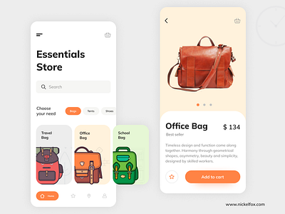 Essentials Store App app app design bags cards colors designer illustration interface mobile mobile app shopping store app trend 2020 ui uidesign userinterface ux visual design