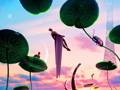 𝗥 𝗘 𝗡 𝗘 𝗪 𝗔 𝗟 alien android animation awakening beginning bug clone gif gradient halo horizon illustration insect lily pad male planet rebirth renewal sci fi sunrise