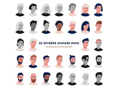 Pack of 60 Diverse Avatars avatars character character design design digital female flat icon icons illustration male men mobile mobile ui pack set ui uidesign vector website