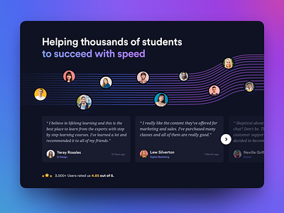 Testimonials design concept for a learning platform cards clean colors dark mode design concept gradient gradients landing landing page minimal quotes reviews testimonials typography ui ux user interface vibrant web web design website