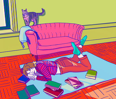 Cartoon Marcy and Peggy books cat illustration light and shadow procreate