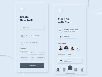 Task Management - Mobile App 2020 trend clean concept dark ui design light minimalism neomorphic neomorphism shadow skeuomorphic skeuomorphism ui ui trend uidesign uiux