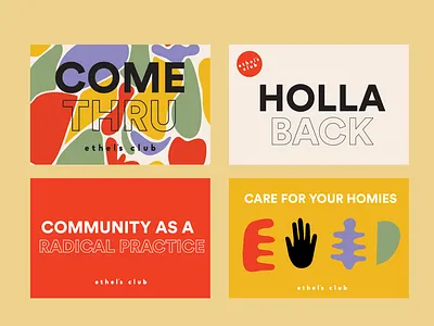 Ethel's Club Postcards blobs branding bright color combinations bright colors colorful communal care design pattern people of color play playful poc postcard postcard design postcard project product design radical shapes