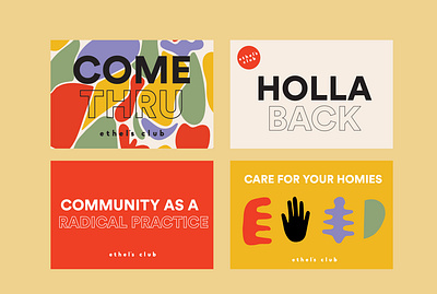 Ethel's Club Postcards blobs branding bright color combinations bright colors colorful communal care design pattern people of color play playful poc postcard postcard design postcard project product design radical shapes