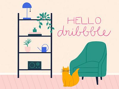 Hello Dribbble! cat debut illustration plant procreate room