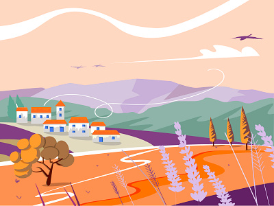 Provencal landscape, with lavender fields agriculture background colorful country countryside cypress design europe farm field flat france french green herbal house idyllic illustration landscape lavender