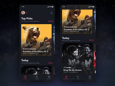 Surkus Event Feed - Dark Mode and Light Mode app clean content dark dark theme dark ui events feed ios iphone media multimedia night night mode space stars surkus