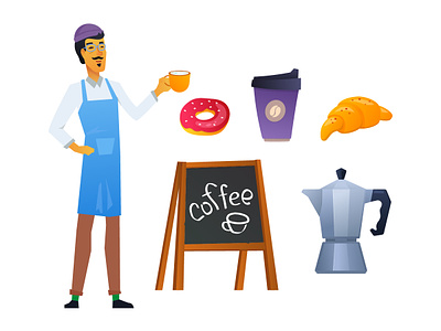 Coffee time barista cafe character coffee design dessert drink flat design illustration object style vector