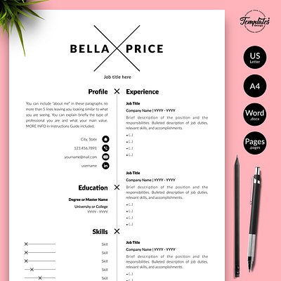 Simple Resume for Word & Pages “Bella Price” 1 page version 2 page version 3 page version clean resume contemporary resume cover letter cv template modern cv professional resume references letter resume for word resume template resume template word simple resume template for word templates for pages