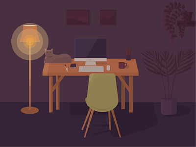 stay home cozy dark desk evening flat flat design freelance home homeoffice illustration lamp night quarantine remote work stay home vector vector art vector design vector illustration workspace