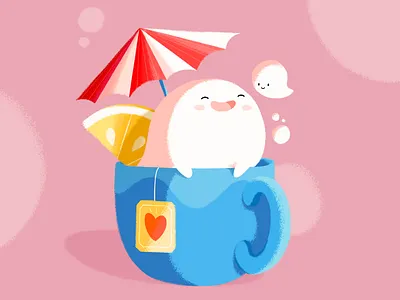 Ghost in the cup 2d character design characters color cozy cute digitalart fluffy ghost illustration ipadpro lemon procreate quarantine safe tea texture