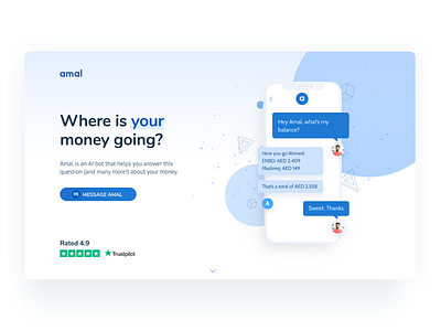 Amal AI bot homepage app button design illustration landing minimal page ui ux web