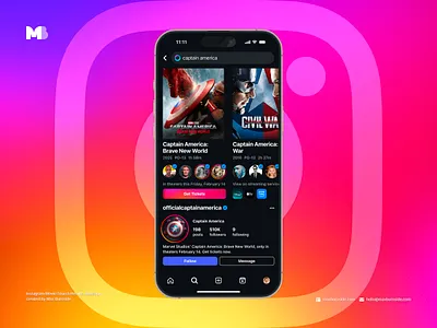 Instagram Movie Search Results Redesign Concept 16 pro max america anthony mackie captain chris evans film gradient harrison ford instagram ios iphone marvel movie redesign result scarlett johansson search theater ticket ui