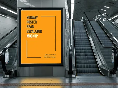 Subway Poster near Escalator advertising banner citylight elevator escalator free freebie logo mockup poster subway underground