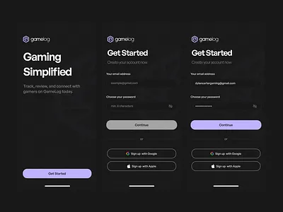 GameLog – Mobile App for Game Logging application branding dark mode design experience gaming graphic design logo product design research review sign up ui user ux