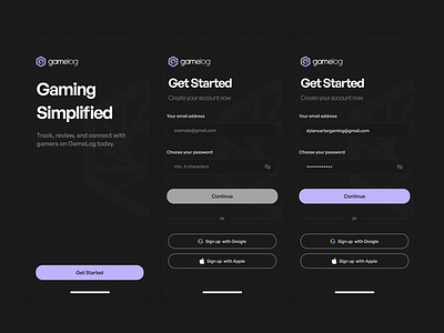 GameLog – Mobile App for Game Logging application branding dark mode design experience gaming graphic design logo product design research review sign up ui user ux