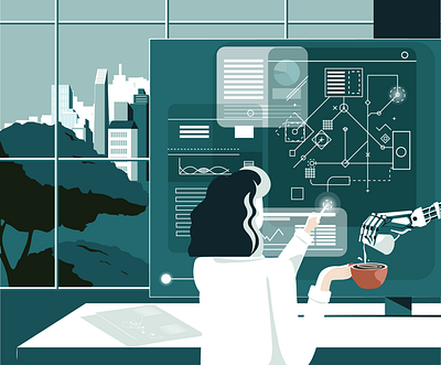 Algorithms ai algorithm artificial intelligence artificialintelligence cityscape coffee concept conceptual conceptual illustration digital editorial editorial illustration illustration mathematics robot science science illustration woman women women empowerment