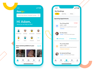 Home and Booking for Fazzdoc android app appointment booking clean desease doctor health home hospital ios medical search teal ui ux