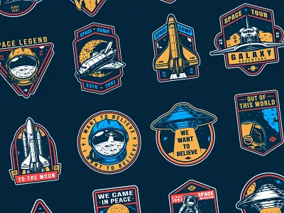 Space design emblems adobe illustrator color cosmonaut cosmos emblem emblem logo graphic design illustration space space design space ship spaceman ufo vector vintage
