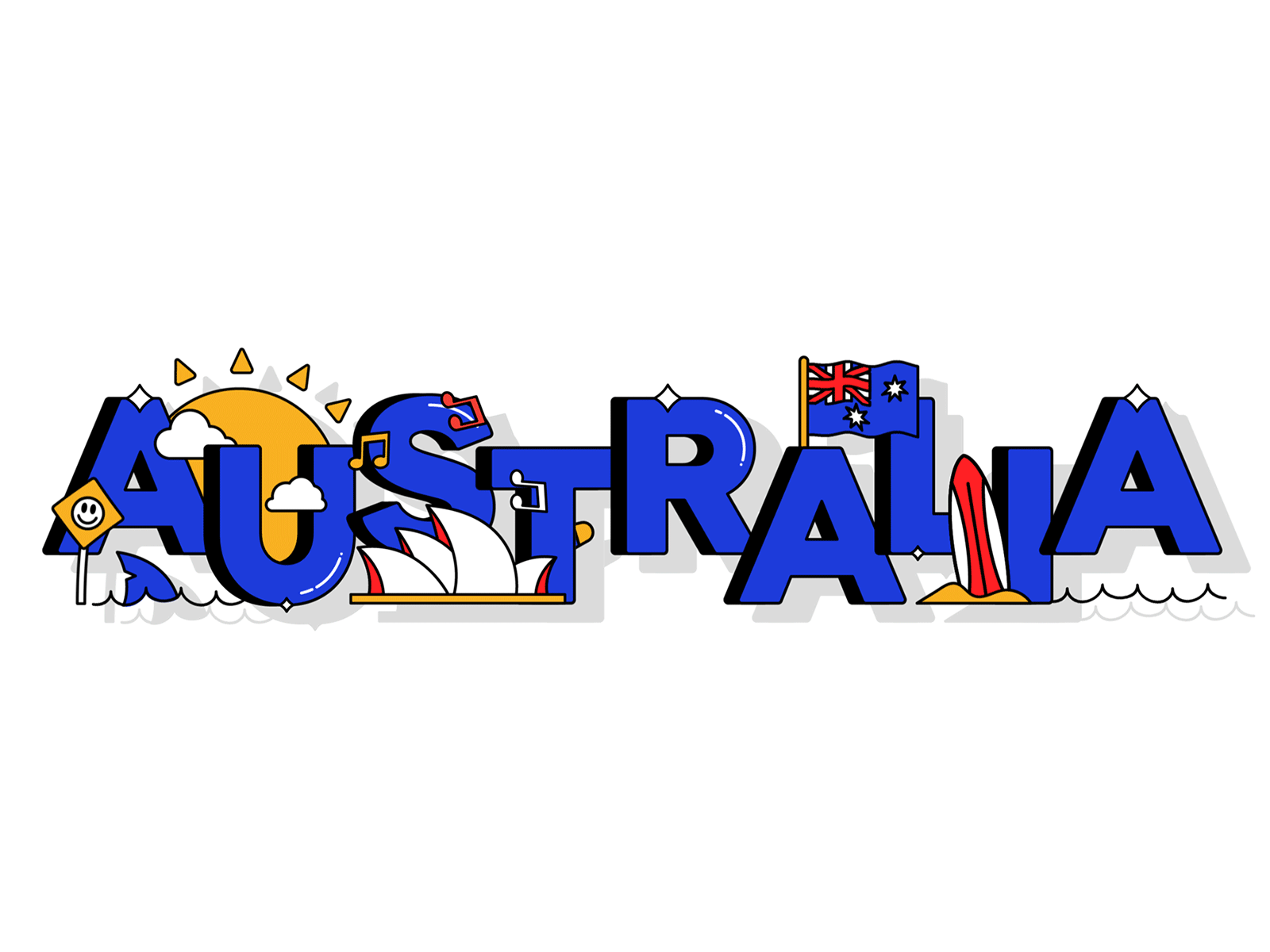 AUSTRALIA 🇦🇺🦈🏄🏽‍♂️😊 animation australia character icon illustration logo loop motion shadow shark smile typography