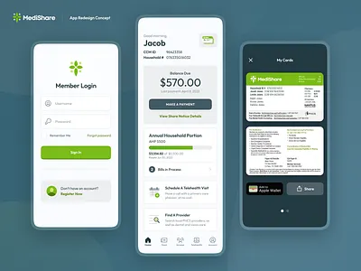 Medishare Mobile App Redesign app design app ui blue cards health health app icons insurance ios mobile outfit font redesign reskin ui ui design uiux