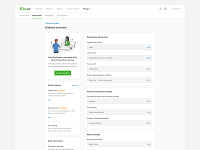 State Dashboard account settings clean dashboard dashboard design dashboard tiles modern platform report saas settings simple sketch taxjar ui ux