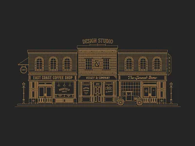 Storefront Illustration design studio heritage building illustration illustrations line illustration small town storefront town illustration vintage illustration