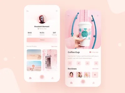 Photography Social Network App app app design coffe design follow image photo photographer pink review social social app social network ui ui design uiux