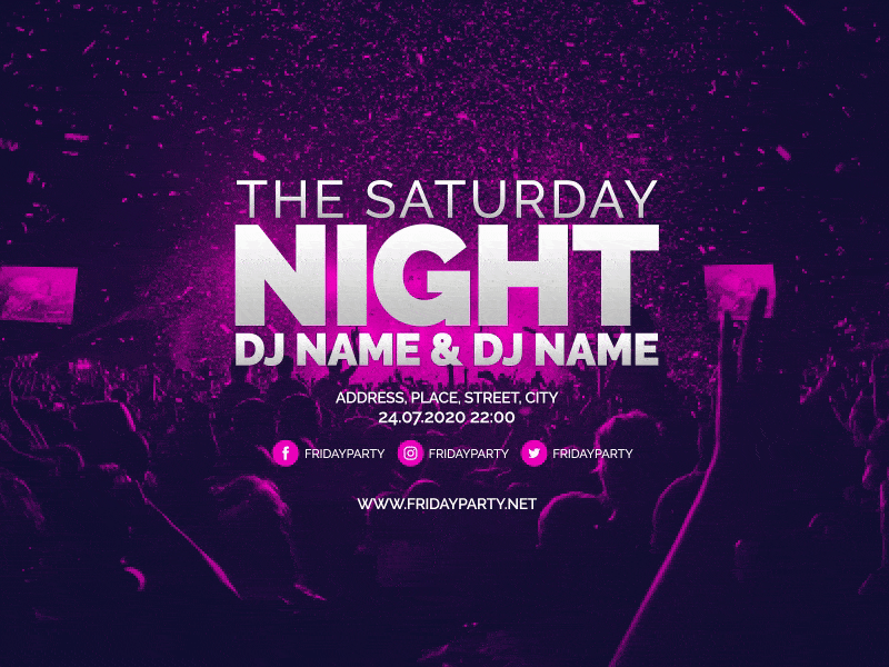 Animated music poster after affects band confetti design dj invite music night particles party poster purple