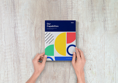 WE•DO Capabilities Doc blue book cover brand identity brand pattern branding design clean design geometric pattern pattern vector yellow