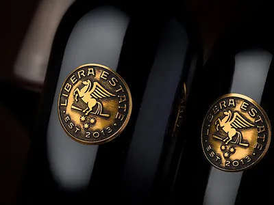 Custom metal wine label for Libera Estate best wine label jordan jelev strategic branding the labelmaker wine branding wine label wine label design wine packaging