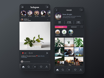 Instagram Neomorphism - Dark Mode dark mode dark ui design instagram instagram redesign minimal mobile app mobile ui neomorphic neomorphism redesign skeuomorph app skeuomorphism style ui ui design