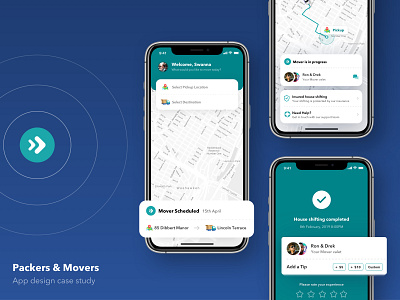 Movers - House shifting app design | Case Study app app design behance card case study house shifting illustration ios map minimal onboarding schedule search task ui ux