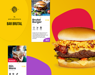 Bar Brutal App UI app app design bar app burger app daily daily ui dailyui design drinks app food and drink food app minimal mobile purple restaurant app ui web app web apps yellow