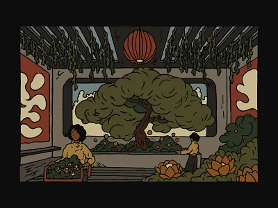 Garden comic art illustration ligne claire woodcut
