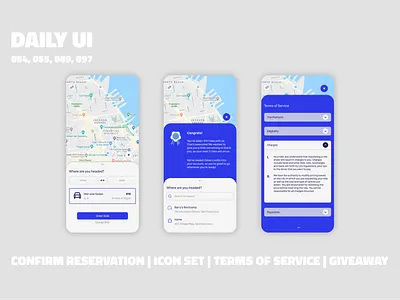 Ride Sharing App // Daily UI Challenge app design confirm reservation daily100challenge dailyui 054 dailyui 055 dailyui 089 dailyui 097 dailyuichallenge flatdesign giveaway icon set ios design minimalist mobile app design ride share ride sharing app ridesharing terms of service