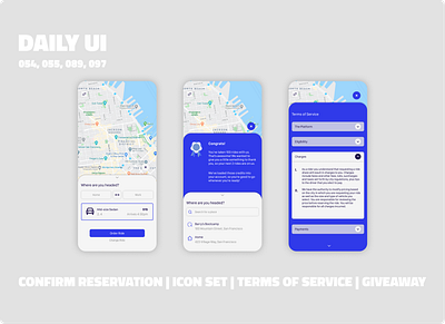 Ride Sharing App // Daily UI Challenge app design confirm reservation daily100challenge dailyui 054 dailyui 055 dailyui 089 dailyui 097 dailyuichallenge flatdesign giveaway icon set ios design minimalist mobile app design ride share ride sharing app ridesharing terms of service