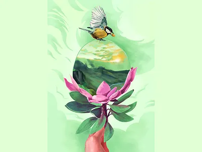 THE WORLD’S a bubble bird bloom bubble clouds color flower hand illustration isolation life nature open petals river sky space sunrise