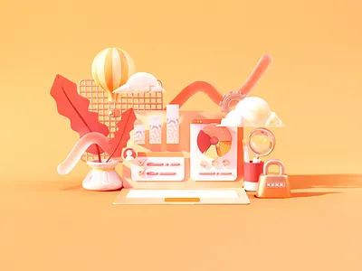 Saas Solution Illustration 3d abstract analytics c4d data data visualization illustration orange shapes stilllife ui warm web webdesign
