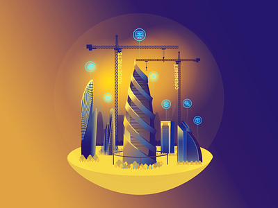 Futuristic city city cranes future futuristic city gradient design gradients houses illustration modern city