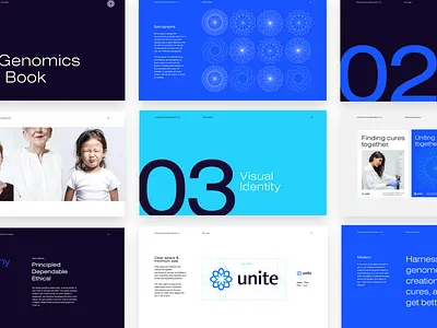 Unite Genomics Branding - Brand Book biology biotech brand guidelines branding design layout logo medical medical app medical logo photography startup strelioff tech type