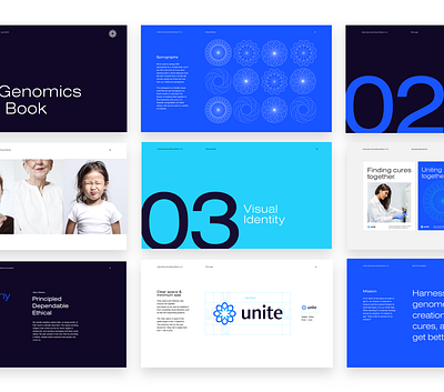 Unite Genomics Branding - Brand Book biology biotech brand guidelines branding design layout logo medical medical app medical logo photography startup strelioff tech type