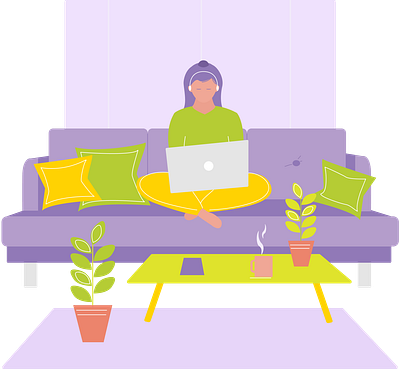 Work at Home comfort zone comfortable design flat graphic home illustration music picture plants room sofa tea vector woman work workathome