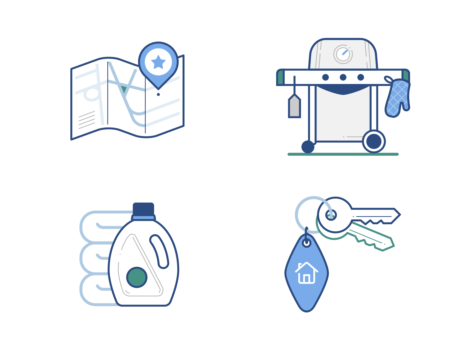 Household items bedroom flat geometric grill illustration keys laundry linework luggage maps pictograms salad salt and pepper