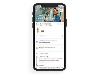 Order Success for luxury e-commerce app app design ecommerce ecommerce app ios luxury shopping minimal order details order fulfillment order success product product design shopping app success success message uiux user experience userexperiencedesign userinterface ux