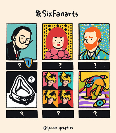 6 Fan Arts Challenge andywarhol character design color dali duchamp illustration picasso sixfanarts vangoh yayoikusama