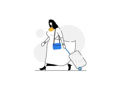 Please proceed to Gate no. 8 ✈️ characters hand bag humans illustration product travel bag traveller walking woman illustration