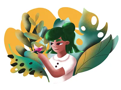 Morning chat with a bird 💕 character design illustration procreate