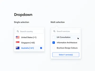 🏜Components - Single selection & Multi selection affordance checkbox code area country code dropdown hover phone number react components search signifiers single selection style guide video consultation web app
