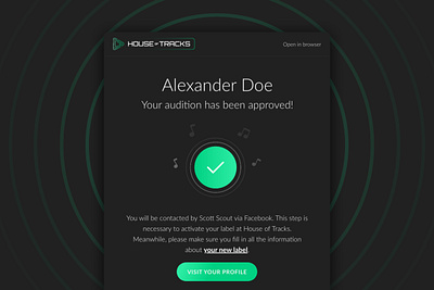 Audition Approved - Email for Music Marketplace approved dark dark ui email email design green mail mailer mailers